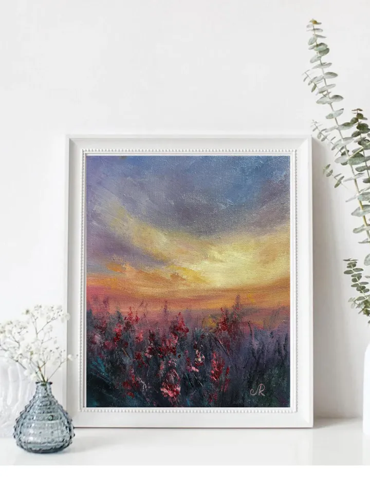 Sunset Oil Painting Rustic Wall Art Field Original Painting