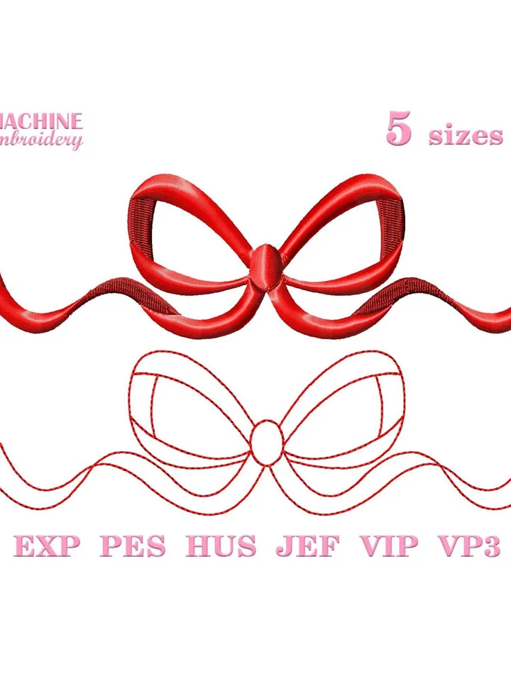 Bow embroidery design Machine embroidery pattern 5 size Embroidery files fill stitch bow, Pretty bow satin and line embroidery for girl #R39