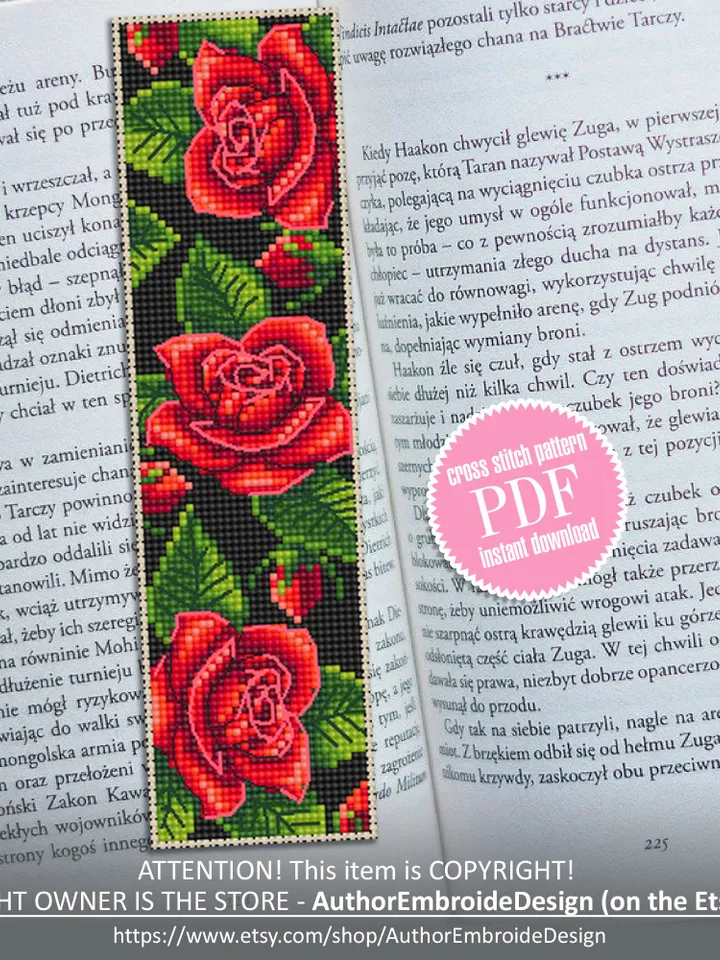 Flower bookmark cross stitch pattern PDF download Red rose cross stitch chart, Handmade bookmark digital PDF, Cute bookmark for women #B213