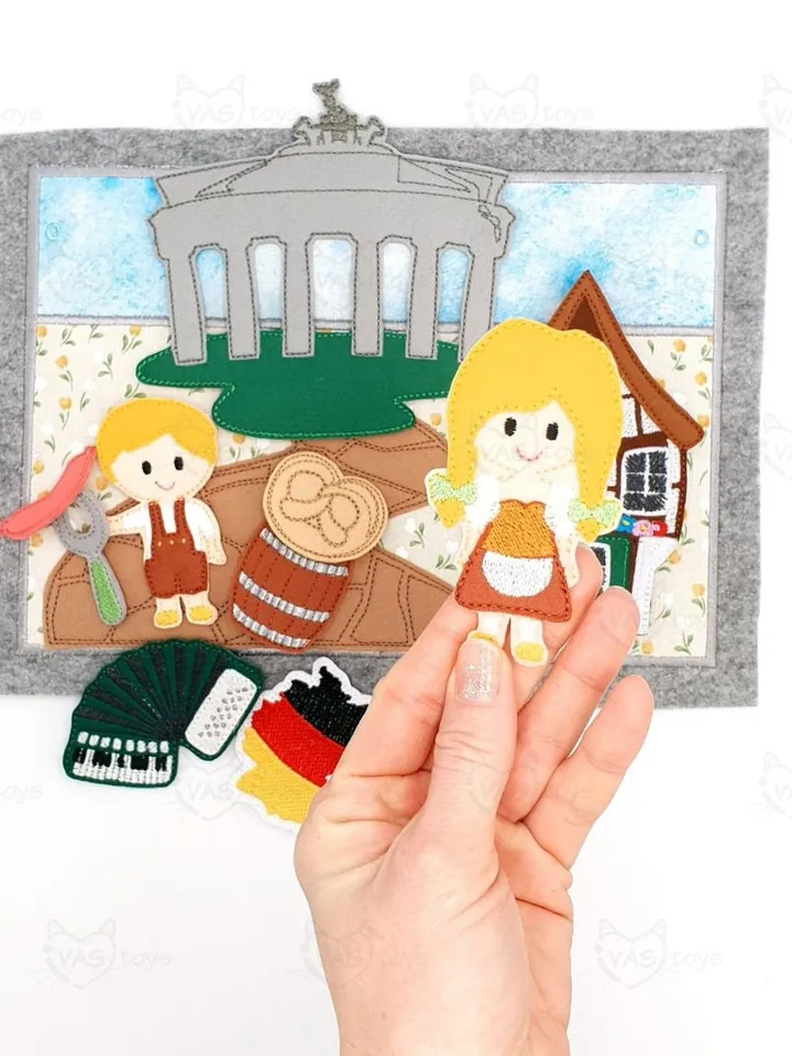 Germany Quiet Book Page & Finger Puppets ITH Embroidery Design, Felt Play Mat Set, Europe Geography Educational Toy, Digital Download