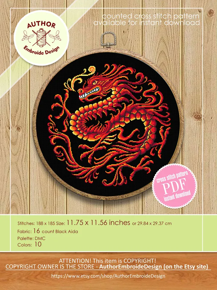 Red dragon cross stitch pattern PDF instant download Fantasy animal cross stitch chart, Dragon embroidery PDF, Chinese dragon ornament #D11
