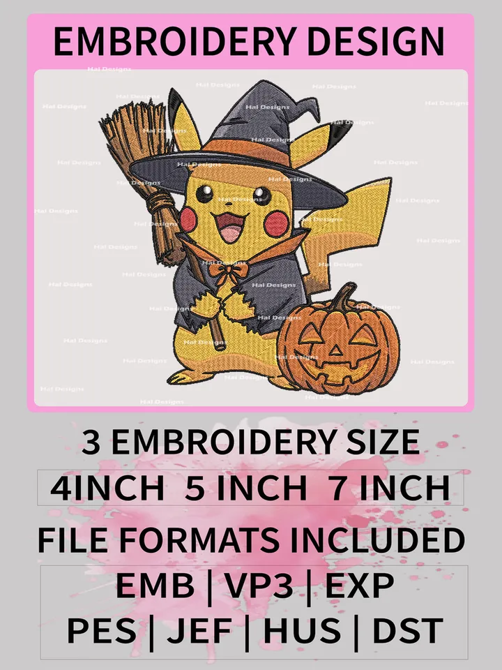 Pokemon Pikachu Halloween Embroidery Design, Halloween Dmbroidery, Anime Design, Embroidery file, Digital download