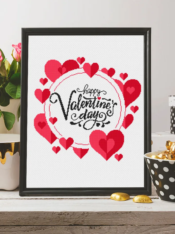 Happy Valentines day cross stitch pattern download PDF, Love quotes cross stitch chart, Cute heart embroidery PDF, Love lettering stitch #V3