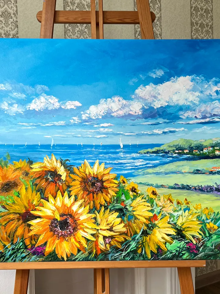 Original oil painting on canvas large artwork sunflowers fields and sea beautiful landscape realistic impasto art