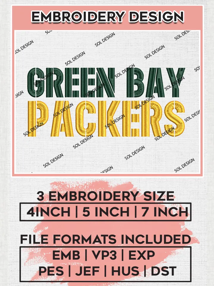 Green Bay Packers Wordmark Logo Embroidery Designs, NFL Packers, NFL Embroidery Designs, NFL Green Bay Packers Machine Embroidery Design, Digital Download