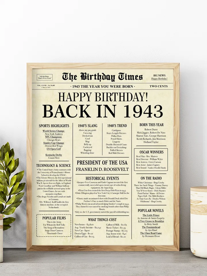 Back in 1943 Birthday Card - 81st Birthday Gift for Women or Men - 81st Birthday Decoration for Grandmother or Grandpa - Funny Table Centerpiece for 81 Years Old Anniversary Party - Last Minute Gift