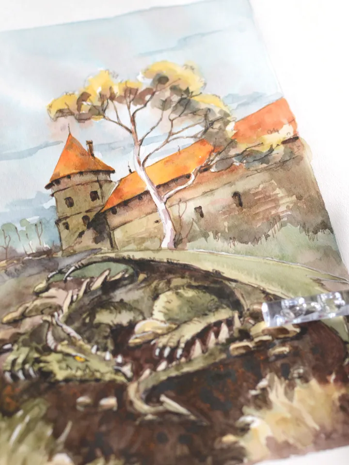 Fantasy dragon castle art Original watercolor painting by Yulia Evsyukova