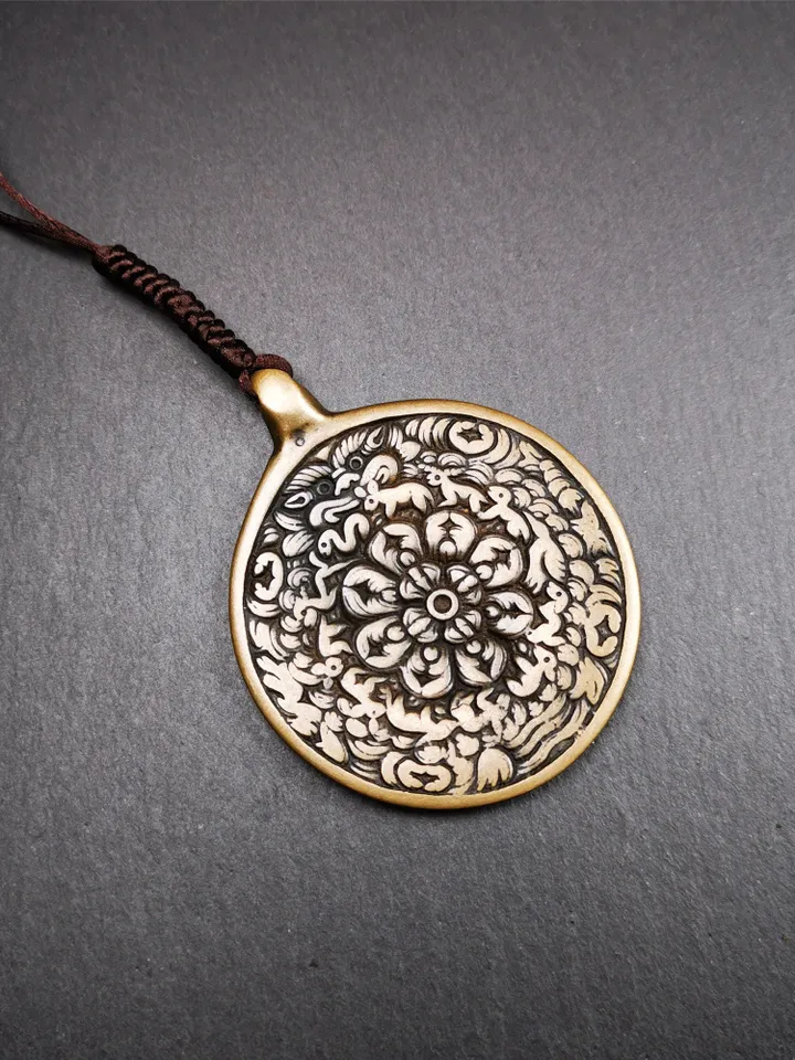Gandhanra Vintage Tibetan Buddhist Calendar Badge,Melong Mirror, SIPAHO Amulet,Unique Mandala Flower Pattern,made of Lima Brass,2.16"