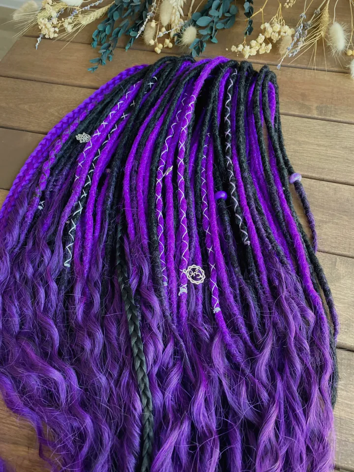 Black and purple Synthetic Double Ended Dreadlocks with curly ends, Ready to ship