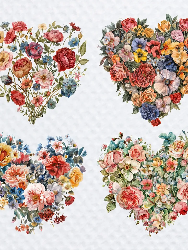 16 Vintage Floral Heart PNG Clipart, Watercolor clipart, Floral Heart sublimation, Printable clipart, Digital download, Paper craft