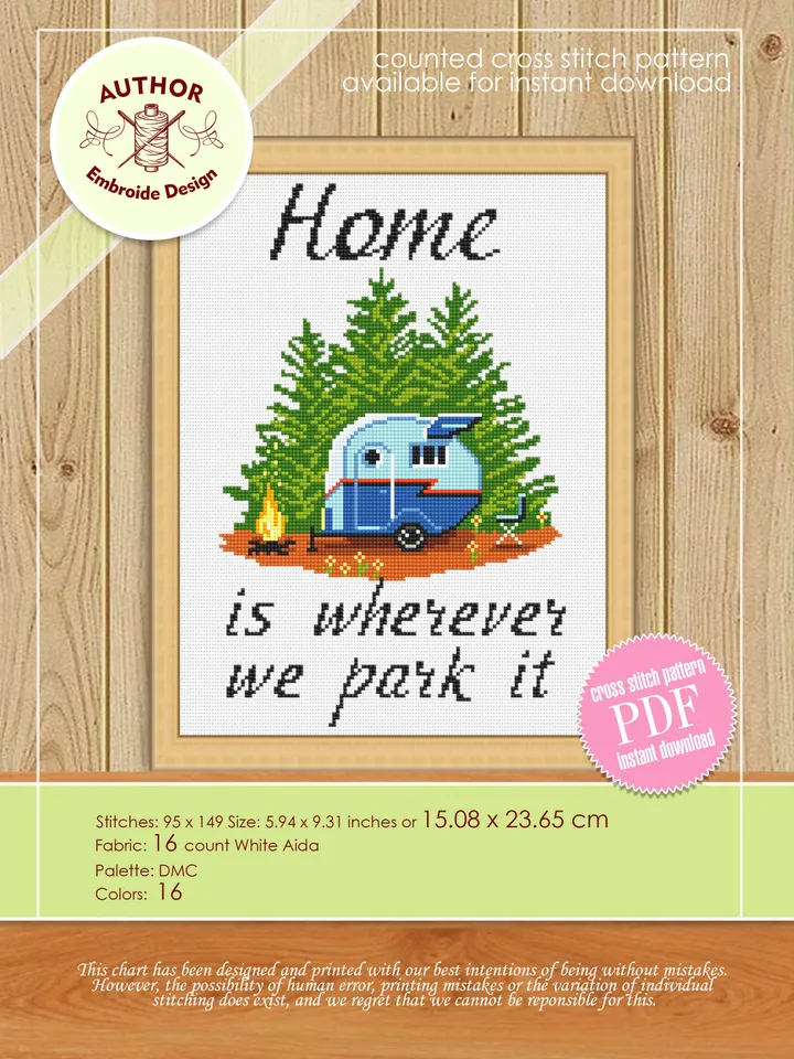 Camping cross stitch pattern PDF download Home is wherever we park it, Travel cross stitch chart, Camping pattern digital PDF #Q63
