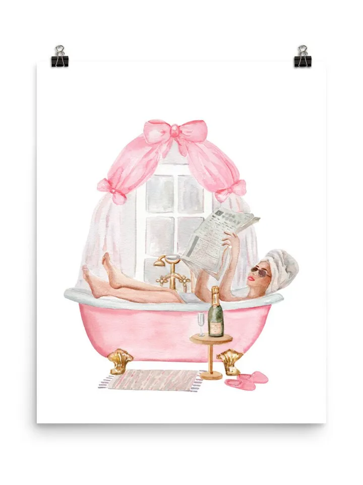 Pink Bathroom Vintage Bow Watercolor Print, Woman Drinking Art, Pink Bow, Pink Bathtub, Boho Bathroom, Bath Decor, Gift For Her, Bathtub Art