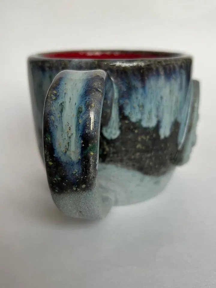 Trinity knot Triquetra in circle blue clay and black galaxy glazed stoneware mug