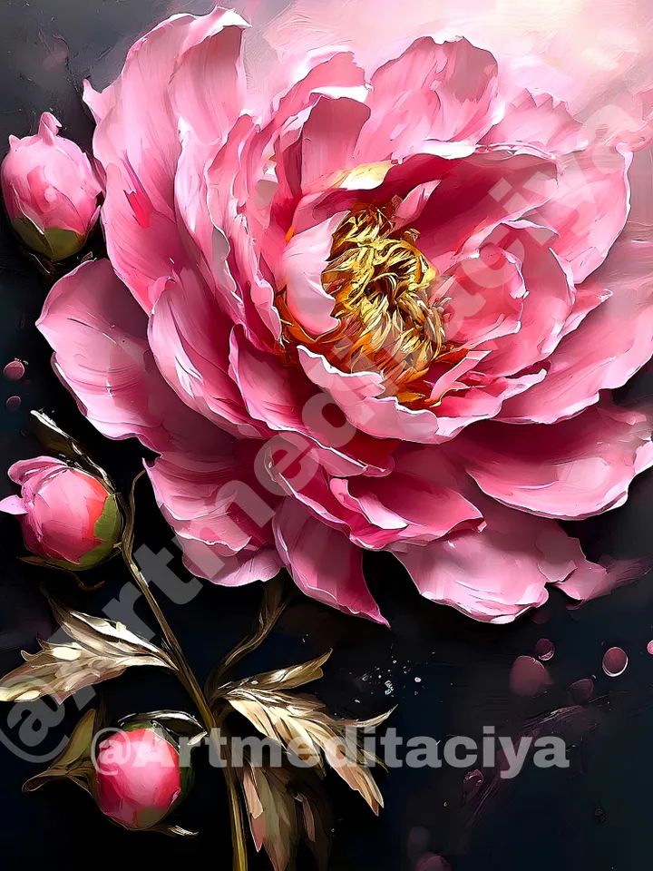 Modern digital painting "Luxury Peony" is an interior painting of a pink peony with buds on a dark contrasting background in the style of oil painting as a gift for getting to know me
