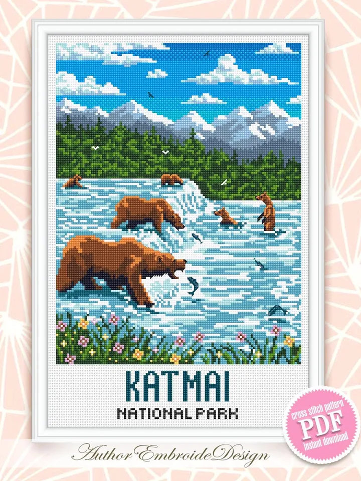 Katmai national park cross stitch pattern PDF download Travel poster cross stitch Bears catch fish Brooks falls in Alaska Bear fishing #L101