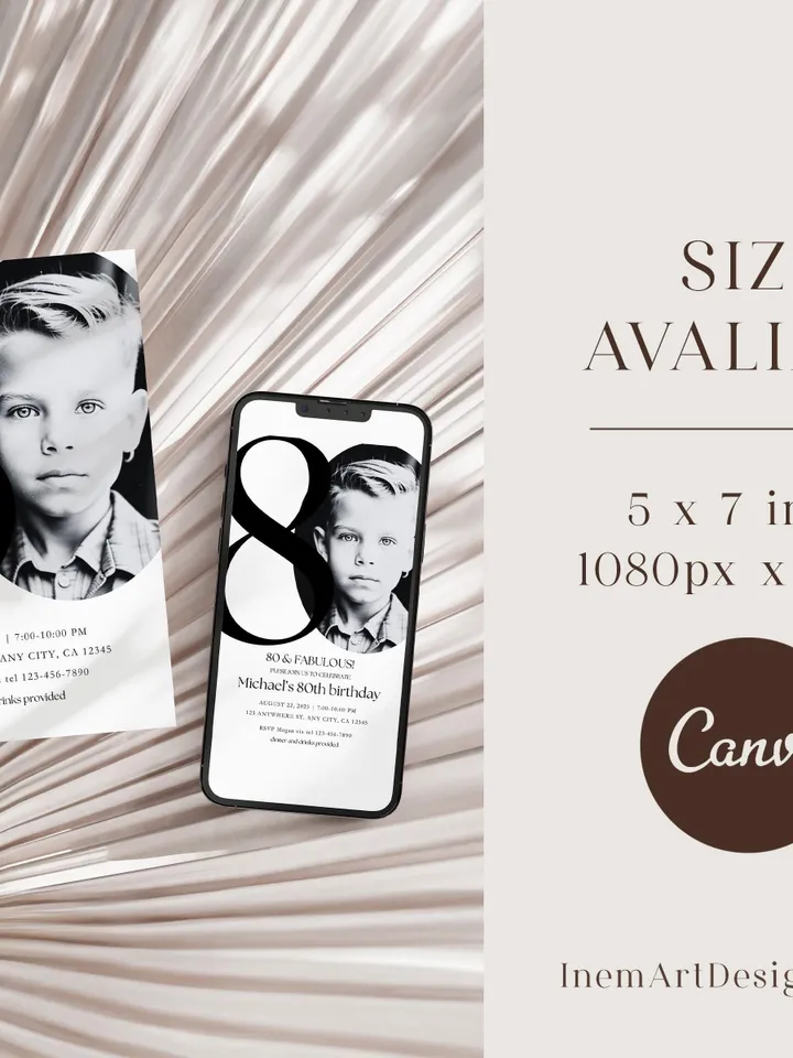 80th Birthday Party Invitation Card, Look Who's 80, Editable 80th Birthday Card Template, Printable Minimalist Birthday Photo Card Canva