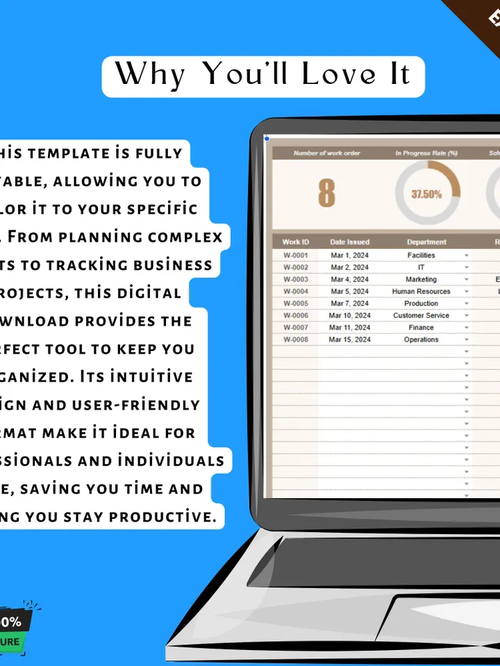 Work Order Tracker Template, Editable Google Sheets, Job Assignment and Progress Monitoring, Project Management Tool