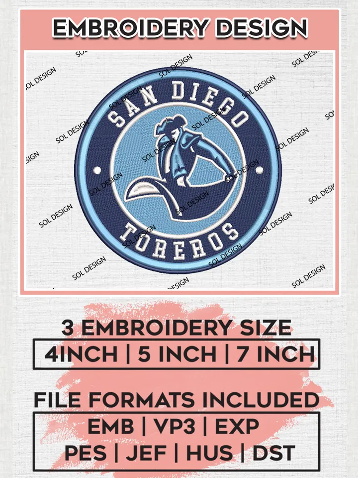 NCAA San Diego Toreros Round Logo Embroidery, NCAA San Diego Toreros Embroidery Design files, NCAA Teams, NCAA Machine embroidery designs, Digital Download