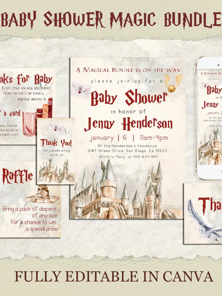 Wizard Baby Shower Invitation; Magic School Baby Schower kit template; A Magical Bundle on the Way; Magic School Invite Pack editable canva