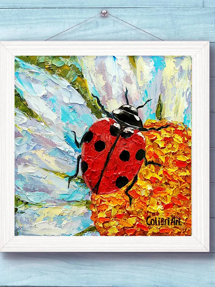 Ladybug Painting Daisy Original Art Animal Flower Painting Floral Small Art Insect Colorful Art 8" x 8" By Colibri Art
