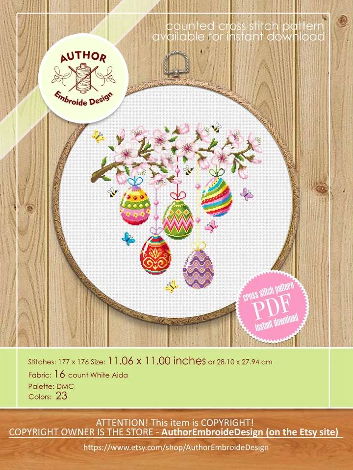 Happy Easter cross stitch pattern PDF download Easter eggs cross stitch chart, Spring pattern digital PDF, Cherry blossoms cross stitch #T45