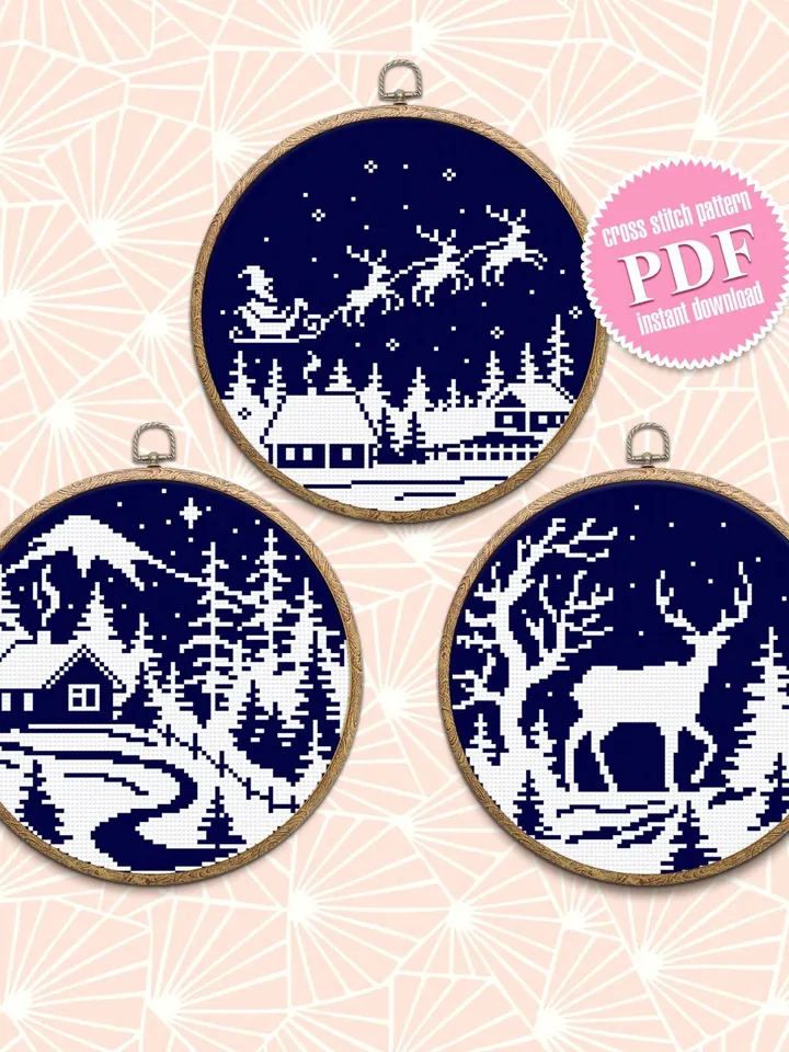 Merry Christmas cross stitch pattern PDF download Set of Winter landscape cross stitch chart, Christmas pattern digital PDF #N69