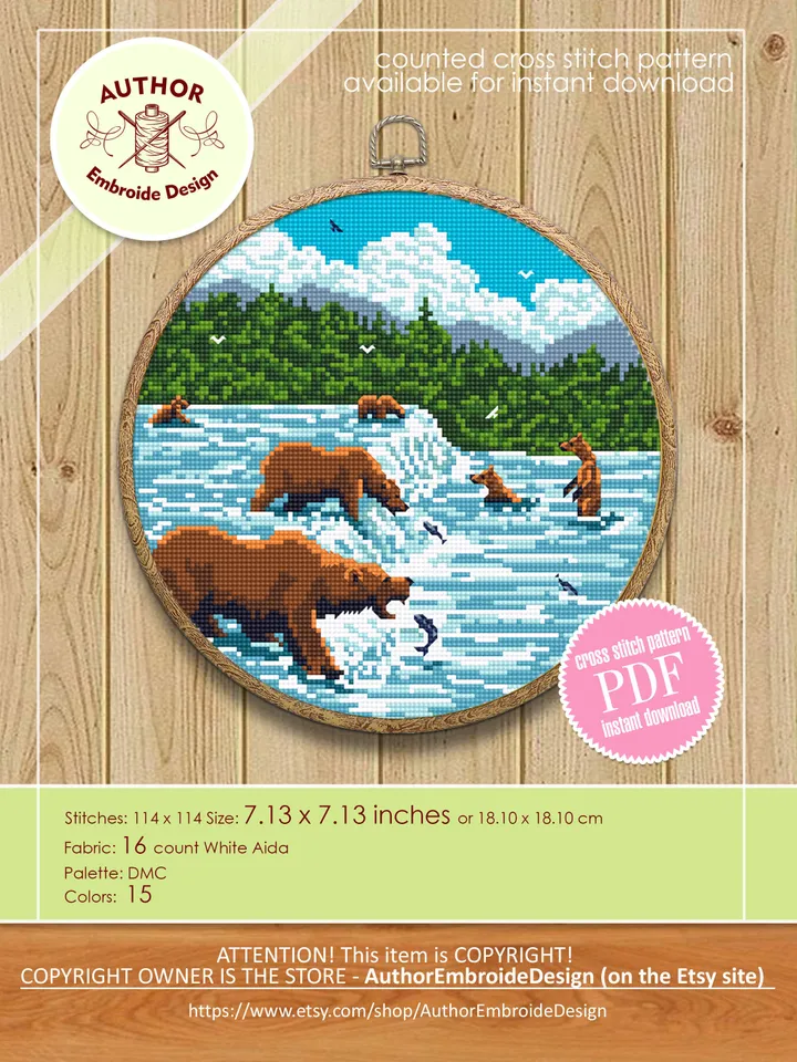 Katmai national park cross stitch pattern PDF download Bears catch fish, Nature cross stitch chart, Brooks falls in Alaska Bear fishing #L70