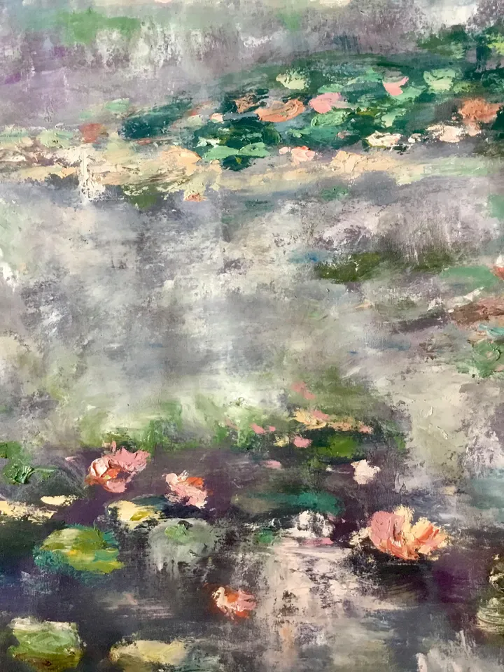 Waterlillies pond large canvas,original oil painting on unstretched canvas,Monet inspired,foggy landscape,home decoration wall hanging.