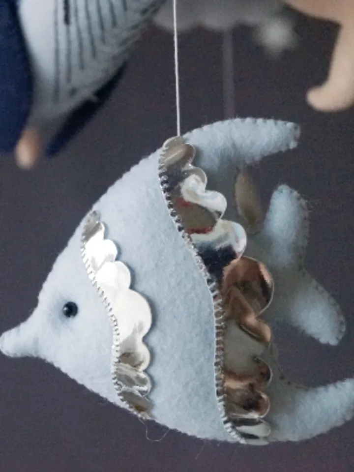 Whale mobile for ocean nursery, Blue whale with fish and Crescent moon, Ocean decor made of handmade felt