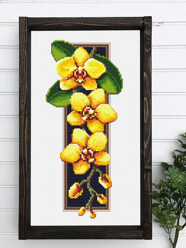 Flowers orchids cross stitch pattern download PDF Yellow orchid cross stitch sampler Floral xstitch chart digital DIY plant lovers gift #P31