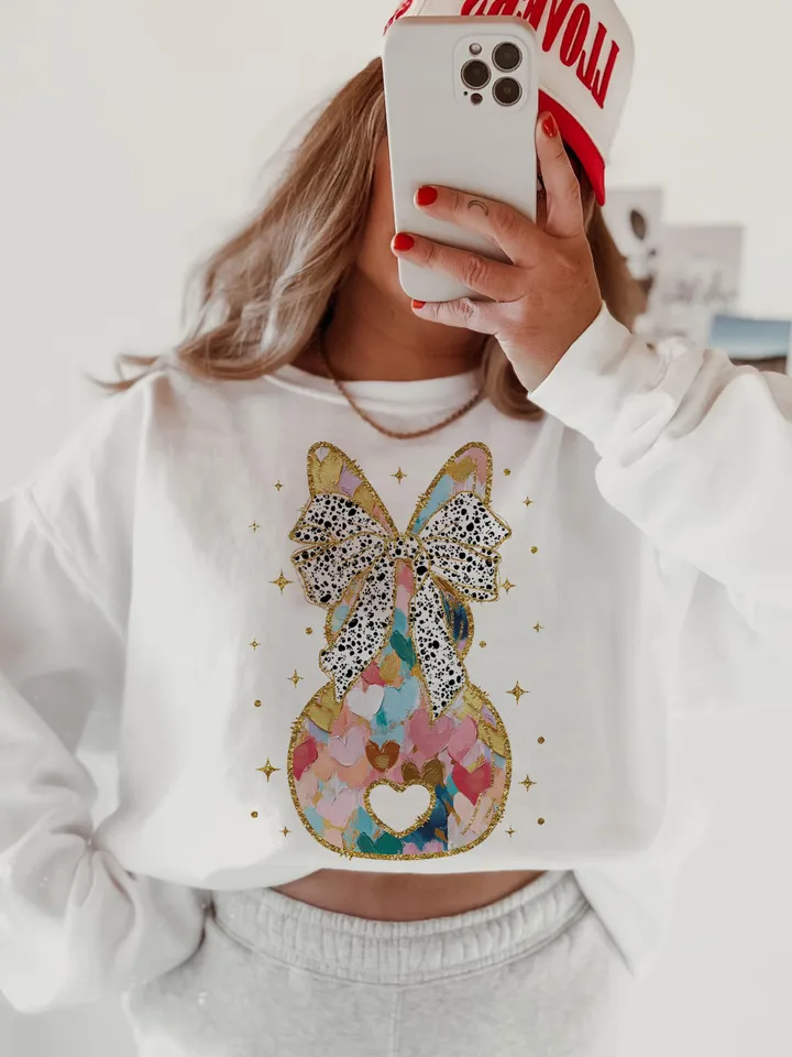 Colorful Coquette gold glitter bunny bow png girls easter coquette design dtf easter girls png kids spring design bow acrylic brushstroke