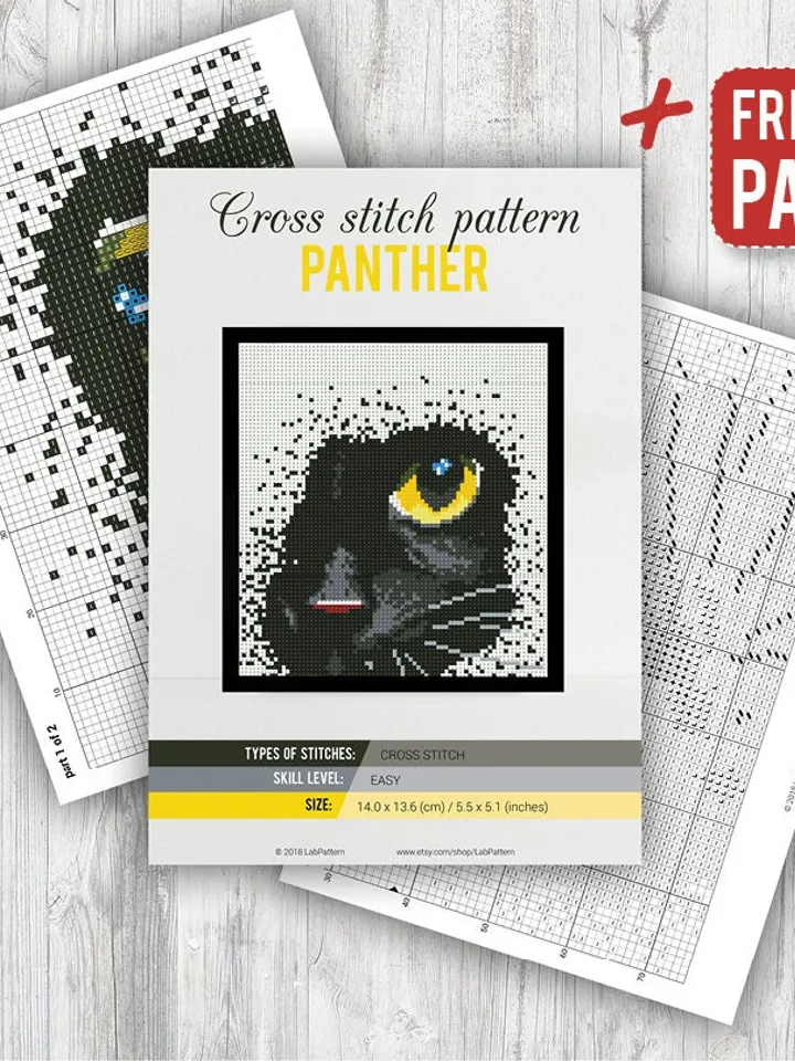 Panther Cross stitch pattern Black Cat Animal Yellow Eyes Cross stitch pattern PDF Format Instant Download Home decor Modern