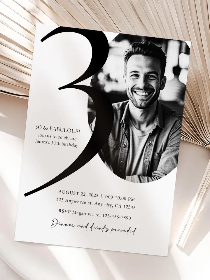 30th Birthday Party Invitation Card, Look Who's 30, Editable 30th Birthday Card Template, Printable Minimalist Birthday Photo Card Canva