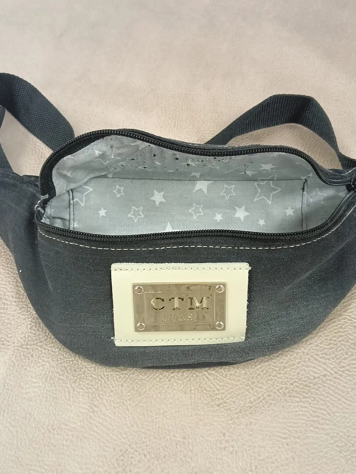 Comfortable handmade belt bag made of black denim, sling bag, fanny pack, banana crossbody wallet