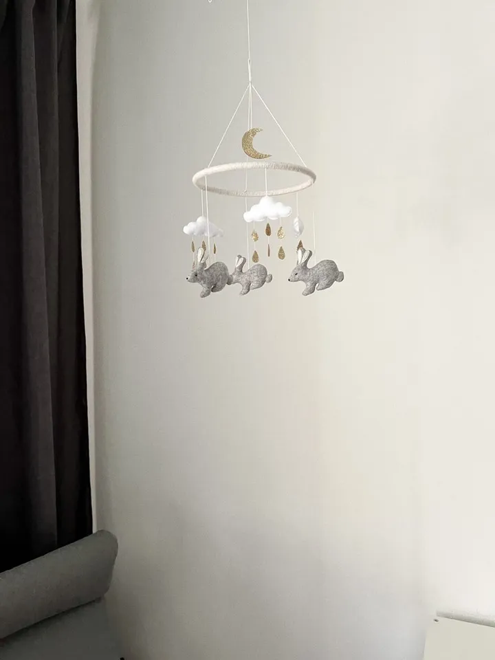 Bunny and Gold moon baby mobile, neutral nursery decor
