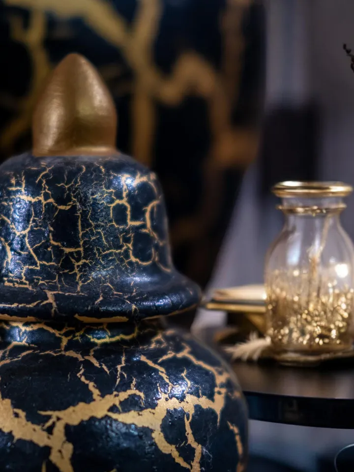 Set of 3 Black and Gold Jars with Crackle Finish – 3 Sizes, Decorative Jar Set in Black and Gold with Crackle Design