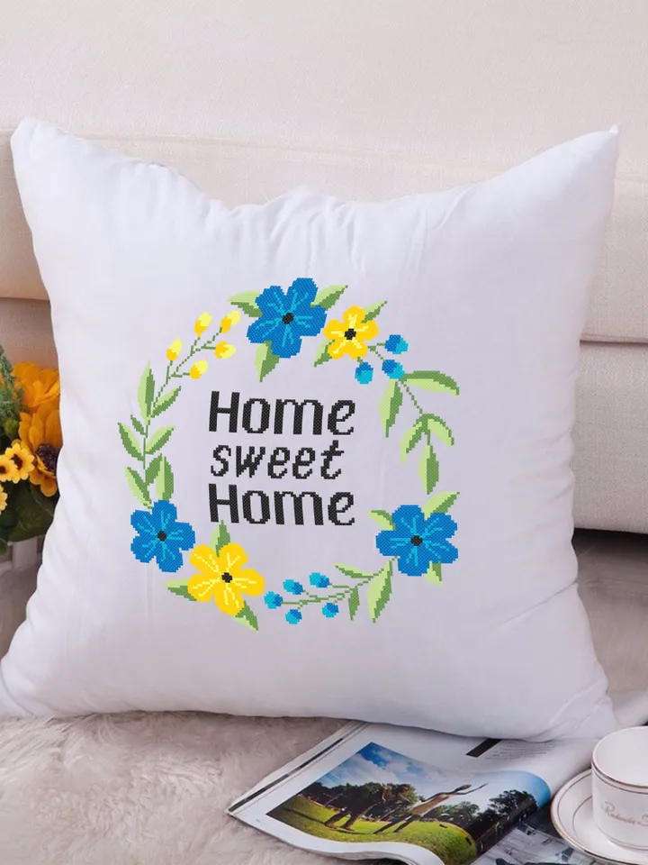 Home sweet home cross stitch pattern download PDF, Framed quote cross stitch chart, Floral wreath embroidery PDF, Easy beginner stitch #Q42
