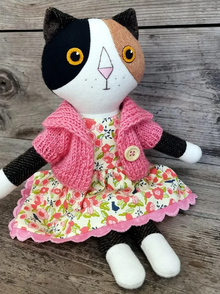 Calico cat, handmade stuffed doll, wool plush kitten toy, soft textile cat