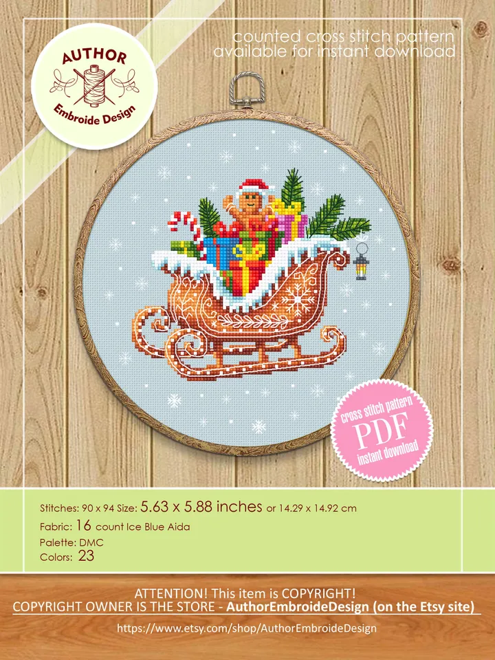 Christmas gingerbread sleigh cross stitch pattern PDF download Christmas presents cross stitch chart, Santa sleigh pattern digital PDF #N127