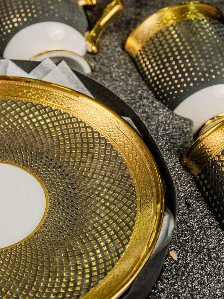 14K Gold Powder Black Porcelain Tea Cups And Saucers | Tea Cups Saucers Set | Gold Porcelain Set | Elegant Teaware | Gift For Tea Lovers