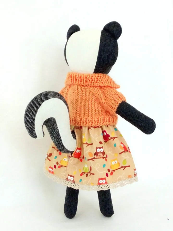 Black skunk girl, stuffed wool plush toy, handmade skunk fabric doll
