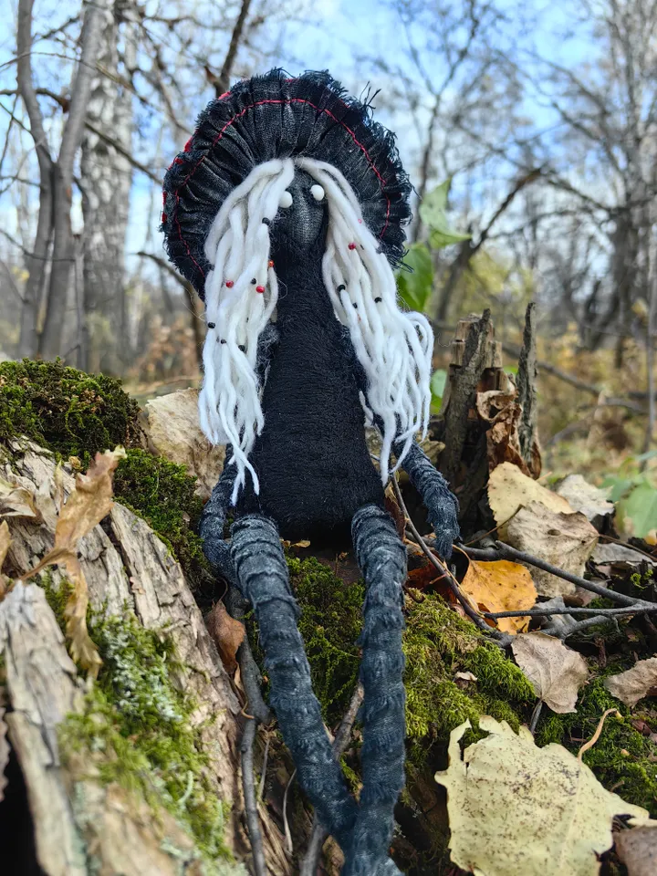 Mushroom art doll Fantasy creature Forest spirit doll Gothic figurine Shelf sitters Black witch goddess Weird art doll