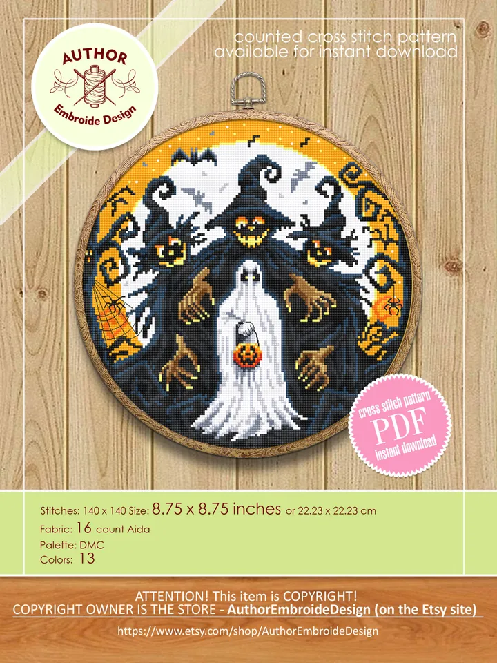Scary Halloween cross stitch pattern PDF download Spooky ghost cross stitch chart Happy Halloween night, Halloween witch embroidery PDF #H61