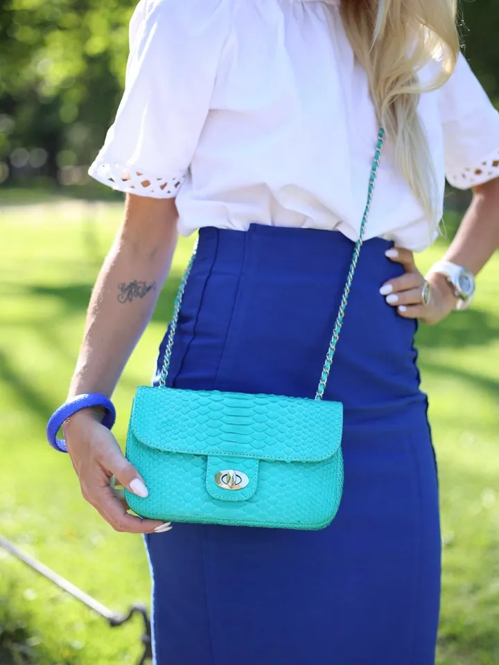 Genuine python skin MIDI bag tiffany color, leather turquise color bag, colorful classy chain bag, elegant crossbody bag leather handmade