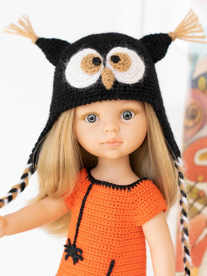 Crocheted Owl hat with ears for Paola Reina doll, Meadowdolls Dumplings, Little Darling, Siblies rrff for Halloween