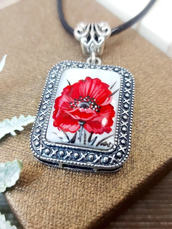 Pearl pendant necklace: Square pendant with big red poppy flower painted on shell • handmade Russian jewelry • unique trendy necklaces