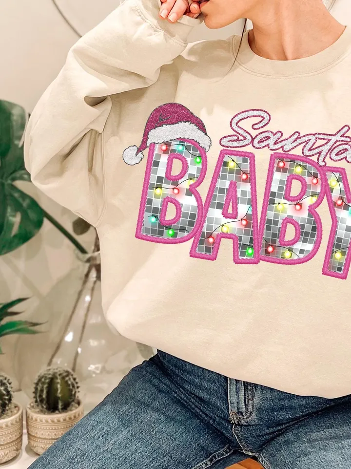 Santa Baby Png, Faux Glitter Sequins, Sparkly Christmas Png, Faux Embroidery Letters, Print File, Sublimation Design, Download ONLY