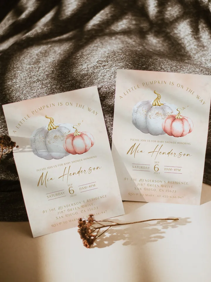 A little Pumpkin on the Way! Cozy Autumn Baby Shower Invitation; Pink Blush Gentle baby shower pumpkin Invite; trend 2022 autumn invite