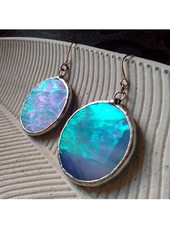 Iridescent stained glass blue earrings, Dichroic earrings, Duochrome earrings, Round stained glass