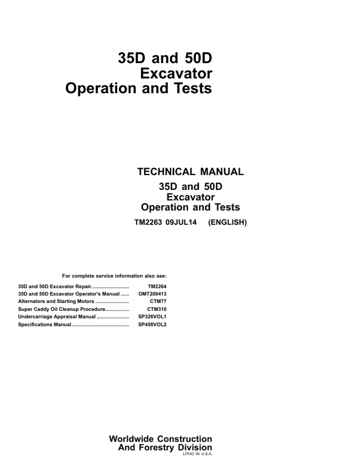 JOHN DEERE 35D AND 50D EXCAVATOR TECHNICAL OPERATION & TEST PARTS MANUAL